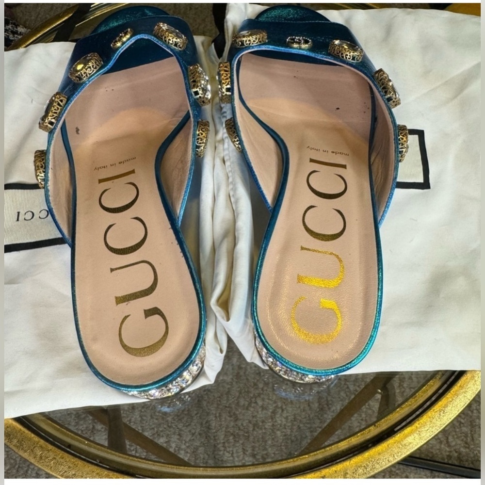 Gucci Metallic Blue Embellished Mules - Picture 10 of 11